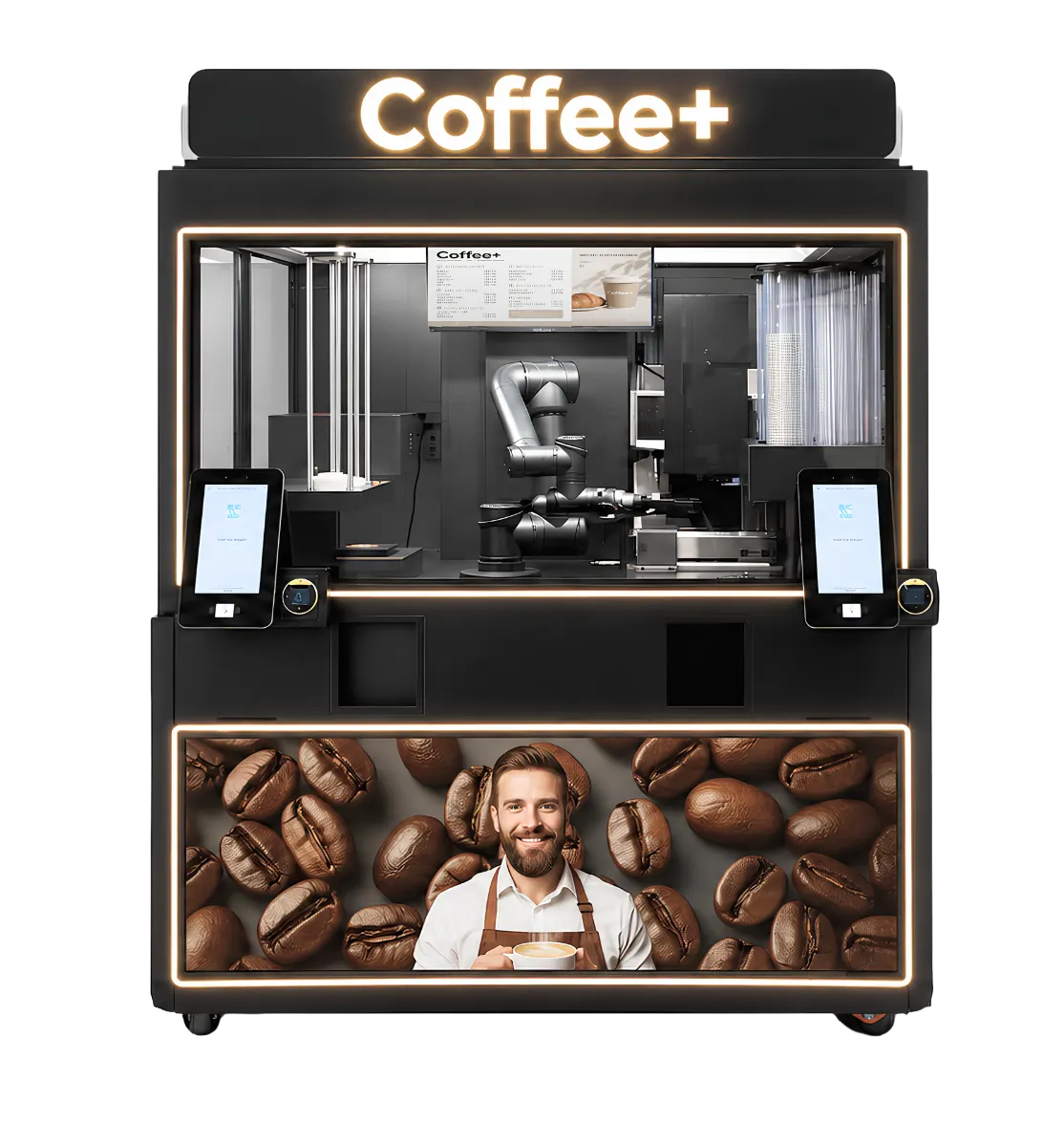Coffee+ Roboter-Barista – Eversys-Maschine, Roboterarm und Touchdisplays hinter Glas