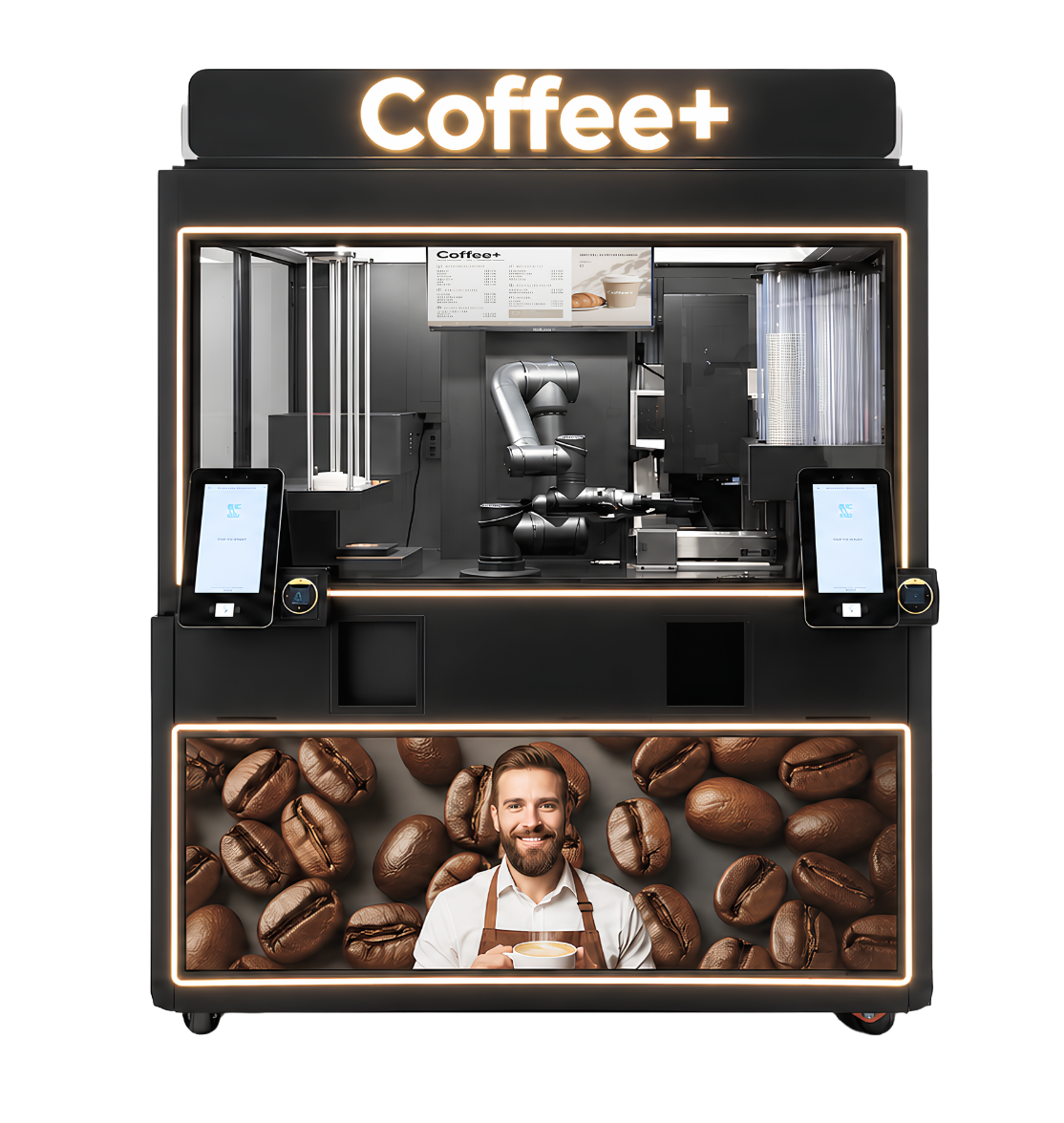 Coffee+ Roboter Barist – Eversys-Maschine, Roboterarm und Touchdisplays hinter Glas