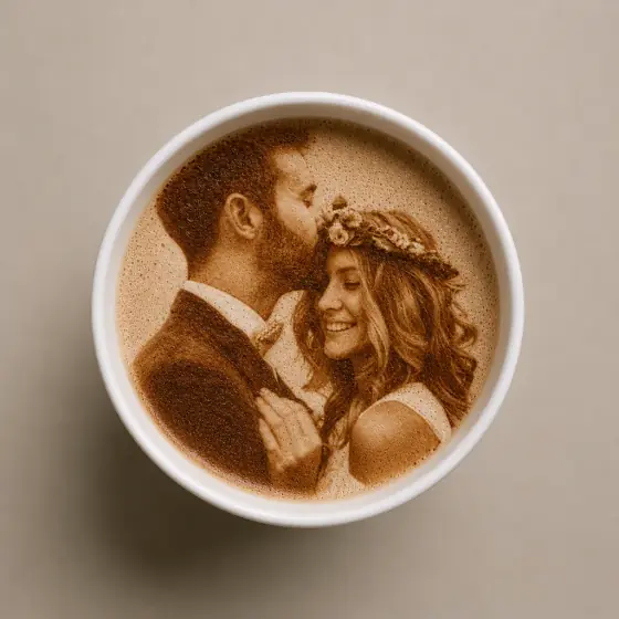 Coffee+ Becher mit Hochzeit-Motiv im Milchschaum