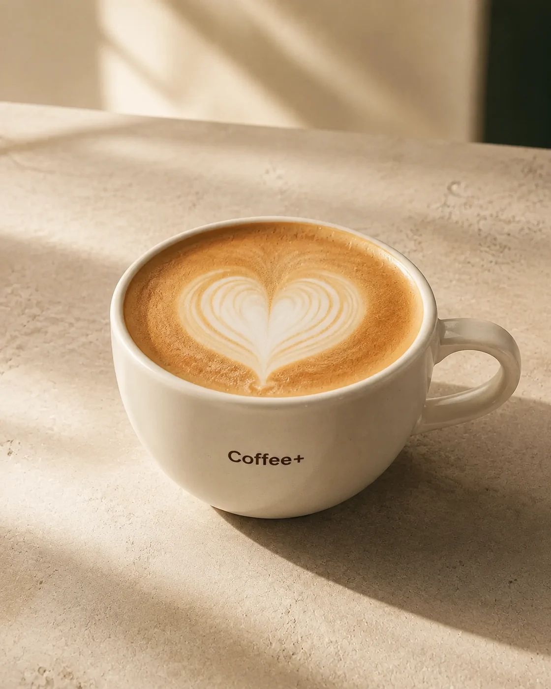 Ein fein gegossenes Herz im Cappuccino, serviert in einer Coffee+ Tasse