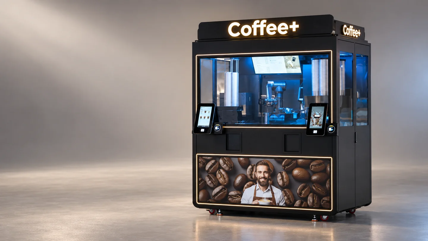 Der komplette Coffee+ Kiosk mit zwei Bestelldisplays und sichtbarem Roboterarm vor einem neutralen Hintergrund.